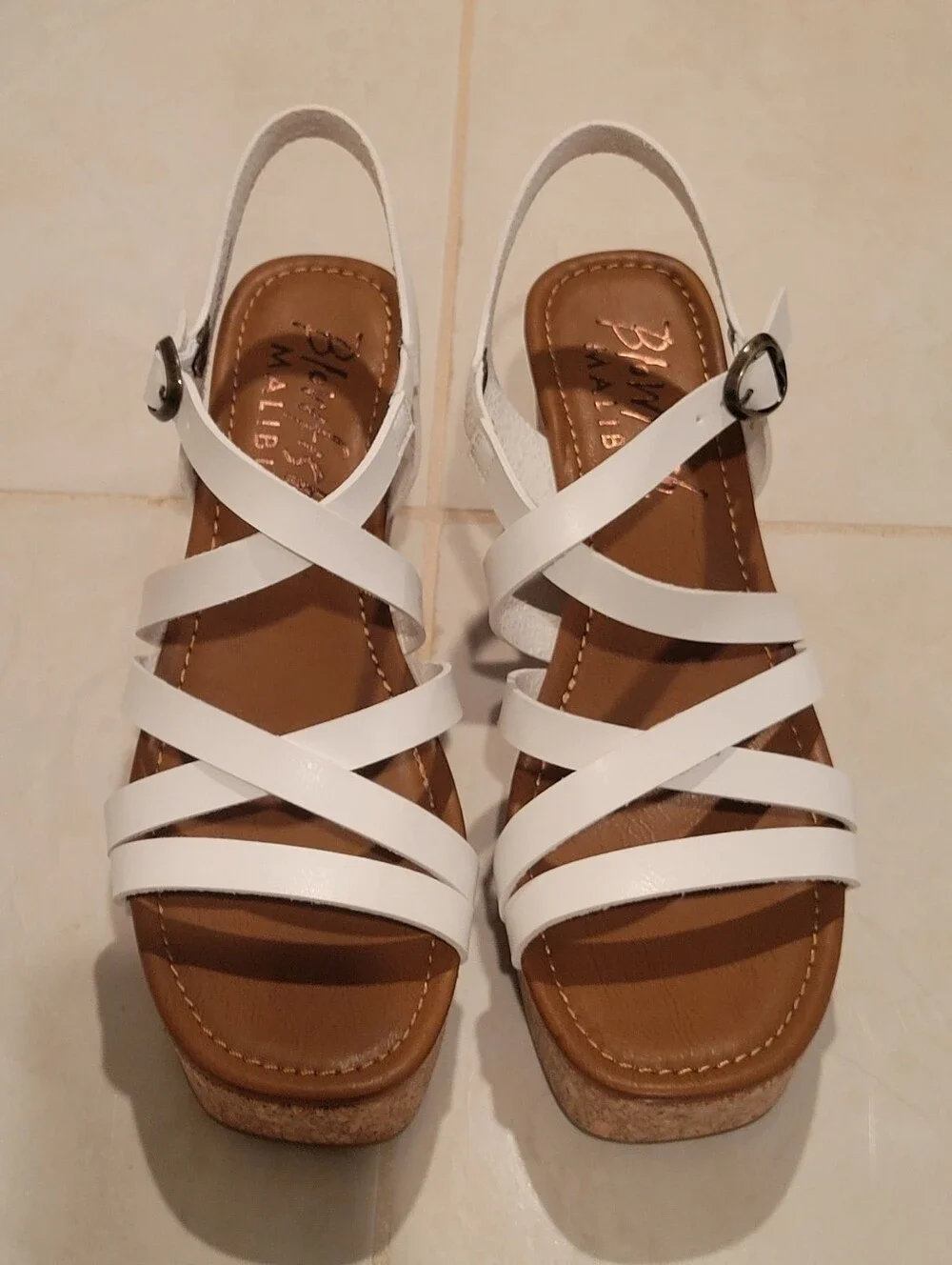 NWOB Size 9 Platform Wedge Strappy Sandals White Women’s cork open toe Malibu